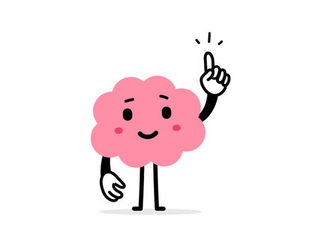 Vector cartoon illustration of cute happy brain character with raise index finger up on white color background. Flat doodle style design of attention think brain for web, site, banner, poster, cardのイラスト素材