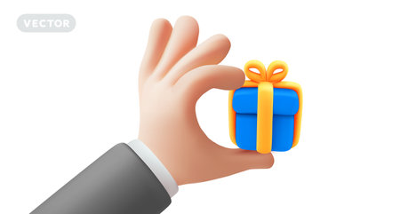 Vector illustration of gesture hand in sleeve hold blue gift box on white color background. 3d style design of man white skin hand give present for web, sale banner, poster, printのイラスト素材