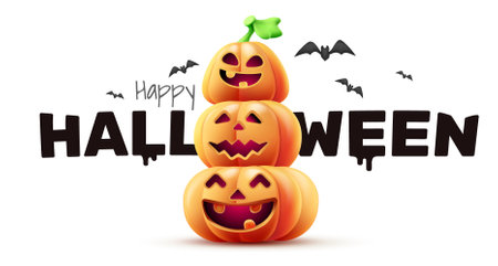 Vector holiday illustration of pumpkin character with scary face on white color background with happy halloween word and bat. 3d style realistic design of halloween smile orange pumpkin monster set for web banner, party poster, greeting cardのイラスト素材