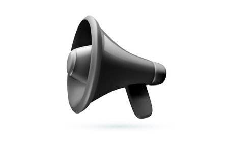 Vector illustration of shine black megaphone with shadow on white color background. Communication loudspeaker. 3d style design of announcement bullhorn and speaker for social media, web, site, banner, poster, cardのイラスト素材