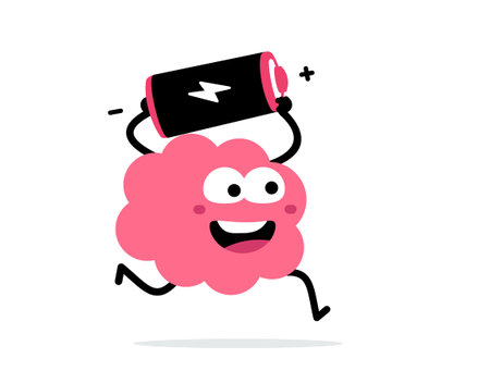 Vector cartoon illustration of cute happy brain run and hold battery on white color background. Flat...