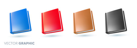 Vector set of illustration of realistic different color book with shine leather cover and shadow on white background. 3d style cartoon design of book collection for web, site, bannerのイラスト素材