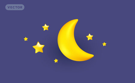 Vector weather night illustration of yellow color half moon with star on dark color background with shadow. 3d cartoon style design of shine crescent moon with star for web, site, banner, posterのイラスト素材