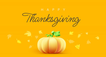 Vector fall holiday illustration of pumpkin and flying leaves on orange color background with happy thanksgiving day text. 3d style cartoon design of thanksgiving day pumpkinのイラスト素材