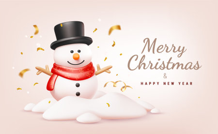 Vector christmas illustration of cute realistic snowman in red scarf and top hat on light background with text Merry Christmas and Happy New Year. 3d cartoon style winter holiday design of smile snowman in snow with confetti for banner, greeting card, posterのイラスト素材