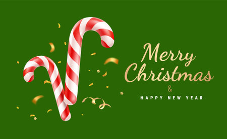 Vector illustration of realistic christmas candy cane on green background with golden confetti. 3d cartoon style design of red and white striped candy cane with text Merry Christmas and Happy New Year. Winter sweet gift for banner, greeting card, posterのイラスト素材