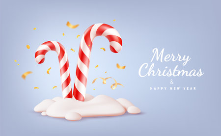 Vector illustration of christmas candy cane in snow on blue background with golden confetti. 3d cartoon style design of red and white striped candy cane with text Merry Christmas and Happy New Year. Winter sweet gift for banner, greeting card, posterのイラスト素材