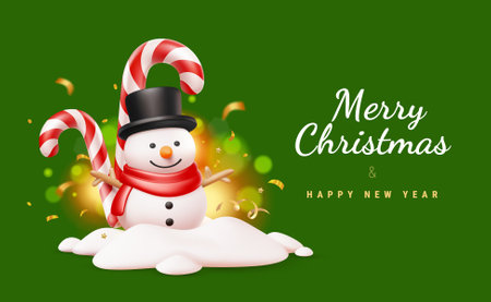 Vector christmas illustration of snowman with candy cane in snow on green background with golden confetti and light bokeh. 3d cartoon style winter holiday design of snowman and candy cane with text Merry Christmas and Happy New Year for banner, greeting cardのイラスト素材