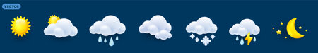 Vector forecast weather illustration of shine icon set with fluffy cloud, crescent moon, sun, rain drop, cold rainy thunder, winter snow on blue background. 3d cartoon style design of half moon, rain, sun, snow cloud and thunder for web, site, app, bannerのイラスト素材