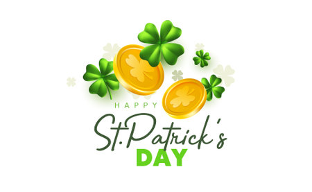 Vector illustration of realistic irish green clover and golden coin with happy saint patricks day word on white background. 3d style design of template with leprechaun gold and clover for st patrick day celebration banner, party poster, greeting cardのイラスト素材