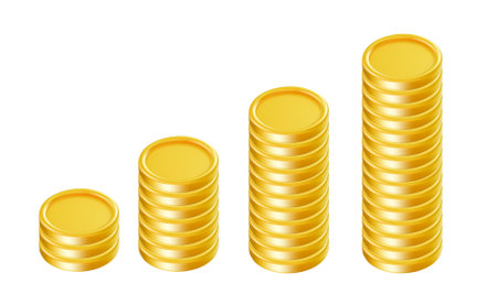 Vector illustration of set of different pile of golden shine coin isolated on white background. 3d realistic style design of different blank golden coin stack, game money cash symbol for payment and investment, gambling and casino, income graph, bank and finance bannerのイラスト素材