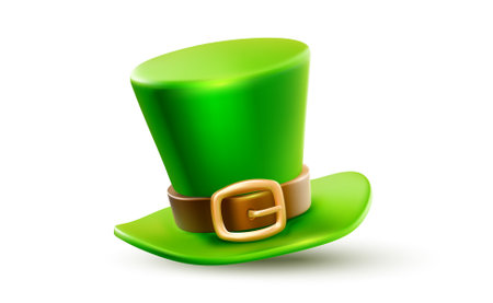 Vector illustration of saint patricks day realistic leprechaun green top hat with buckle isolated on white background. 3d style design of irish leprechaun hat for st patrick day celebration banner, icon, party poster, greeting cardのイラスト素材