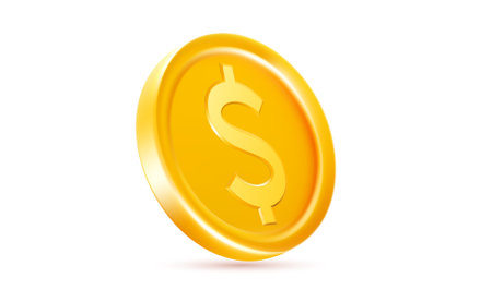 Vector illustration of golden shine coin with dollar sign isolated on white background. 3d realistic style design of golden dollar coin, money symbol for payment and investment, gambling and casino, bank and finance bannerのイラスト素材