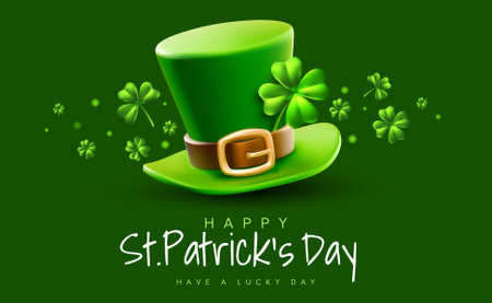 Vector illustration of realistic leprechaun green hat with buckle and irish clover with happy saint patricks day word on green background. 3d style design of leprechaun hat and shamrock for st patrick day celebration banner, party poster, greeting cardのイラスト素材