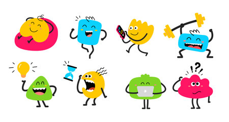 Vector set of cartoon illustration of cute happy smile geometric character with laptop, light bulb, phone, clock and barbell. Flat style child doodle design of different abstract kid character set for web, site, banner, poster, cardのイラスト素材