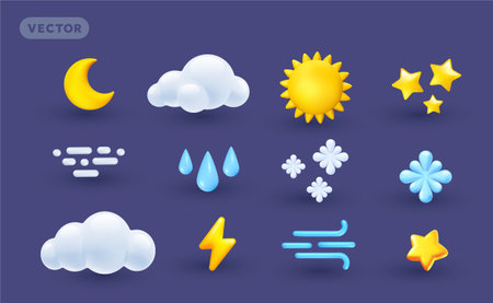 Vector forecast weather illustration of shine icon set with crescent moon, cloud, sun, star, wind symbol, rain drop, snowflake and thunderbolt. 3d cartoon style weather different element design. Sun, half moon, rain, lightning and cloud for web, site, banner, posterのイラスト素材