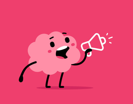 Vector communication illustration of cute happy brain with loudspeaker on pink color background. Flat doodle style cartoon design of smile lead brain character speak or scream into megaphone for web, site, banner, poster, cardのイラスト素材