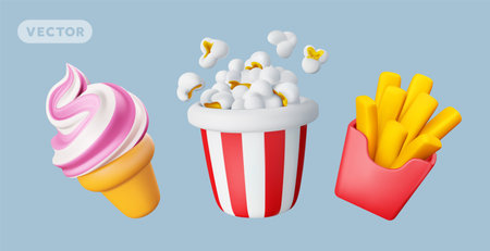 Vector illustration of set of realistic fast food icon. Bucket of pop corn, french fries and ice cream on color background. 3d style design of popcorn bucket, ice cream and box of french fries. Sweet cinema fast food for banner, menu, icon, web, siteのイラスト素材