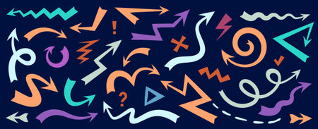 Vector cartoon illustration of set of simple different colorful line brush arrow on black background. Flat doodle hand drawn style pattern design with textured various marker abstract shape arrow for web, site, banner, presentationのイラスト素材
