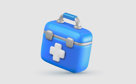 Vector illustration of realistic blue color medical box with cross on light background. 3d cartoon style design of hospital bag with white cross. Medical symbol of first aid icon for hospital banner, web, posterのイラスト素材