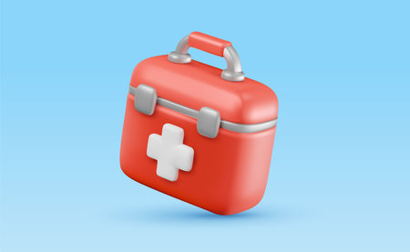 Vector illustration of realistic red color medical box with cross on blue background. Medical symbol of first aid icon. 3d cartoon style design of hospital hand bag with white cross for hospital banner, web, posterのイラスト素材