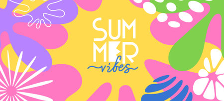 Vector cartoon summer illustration. Geometric background with abstract shape and tropical leaves....