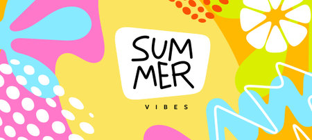 Vector cartoon geometric illustration. Summer background with abstract shape and text. Flat creative...