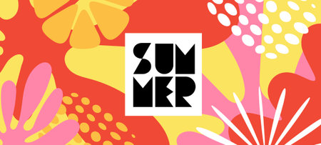 Vector geometric summer illustration. Flat creative cartoon retro style design of summer template with tropical flowers and leaves. Seasonal background with abstract shape and text for party banner, poster, card, coverのイラスト素材