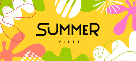 Vector cartoon style design of template with text summer and abstract shape. Flat geometric seasonal background with tropical leaves. Summer creative illustration for party banner, poster, card, coverのイラスト素材