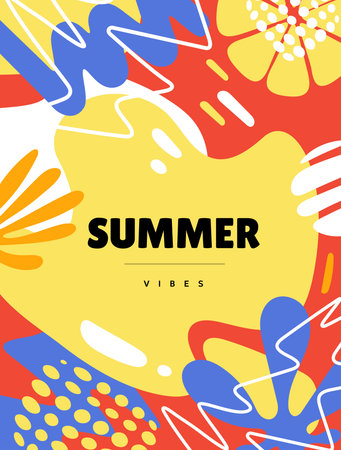 Vector creative summer vertical illustration. Geometric poster template with abstract shape and line. Flat seasonal cartoon style design of background with summer text and tropical leaves for party banner, poster, card, coverのイラスト素材