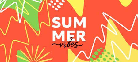 Vector creative red and yellow summer illustration. Geometric template with abstract shape and line. Flat tropical cartoon style design of background with summer text for party banner, poster, card, coverのイラスト素材