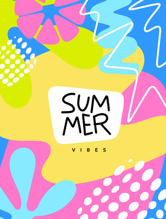 Vector creative summer illustration. Geometric seasonal background with abstract colorful shape and line. Flat cartoon style design of template with summer text. Tropical leaves and bright spot for party banner, poster, card, coverのイラスト素材