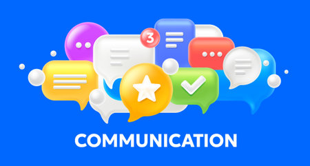 Vector illustration of cloud of different shape text speech bubble on color background. 3d cartoon style design of speech bubble with word. Realistic social media symbol of communication icon for web, banner, networkのイラスト素材