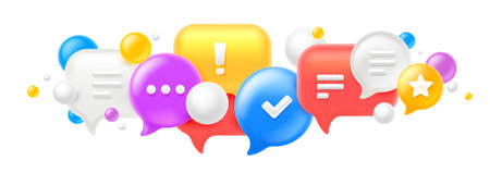 Vector illustration of cloud of different size shape speech bubble on white color background. Realistic social media symbol of communication icon. 3d cartoon style design of speech bubble for web, banner, networkのイラスト素材