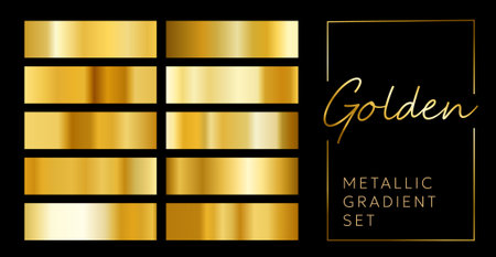 Vector set of different shine texture swatch of golden gradation. 3d realistic style design of shiny gold metallic gradient pattern with text in frame. Collection of yellow metal foil effect. Background illustrationのイラスト素材