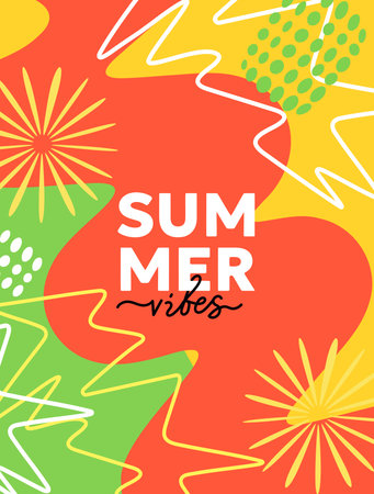 Vertical poster template with abstract geometric shape and line. Vector vintage color summer illustration. Flat seasonal cartoon style design of abstract background with summer text for party banner, poster, card, coverのイラスト素材