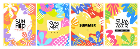 Vector set of bright creative summer vertical illustration. Poster template with abstract geometric shape. Flat seasonal style design of tropical background with summer text and flower for party banner, poster, card, coverのイラスト素材