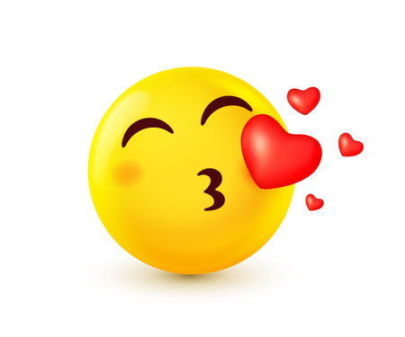 Vector illustration of enamored yellow emoji blow kiss. Happy emotion smile face in love. Funny smile character icon. 3d cartoon style design of emoticon with heart. Happy mood and facial expression for social media, banner, stickerのイラスト素材