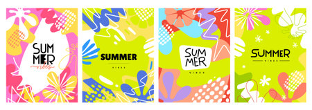 Vector set of bright creative vertical summer illustration. Flat seasonal style design of tropical...