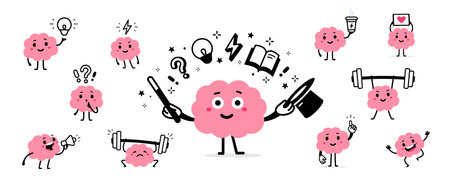 Vector collection of illustration. Brain character in different pose. Set of cute happy smile pink...