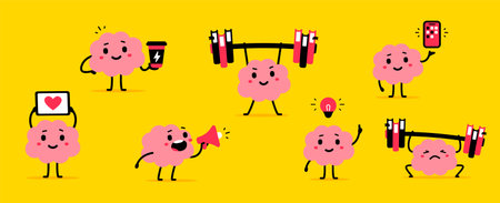 Vector collection of illustration of cute brain with barbell and megaphone. Doodle flat style design...