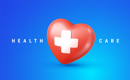 Vector illustration of realistic red color heart with cross on blue background. Medical symbol of first aid with text health care. 3d cartoon style template design of heart with white color cross for hospital web banner, posterのイラスト素材