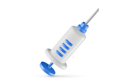 Vector illustration of realistic blue color doctor or nurse syringe on white background. Medical symbol of injection syringe for vaccination and treatment. 3d cartoon style design of medical tool icon for hospital banner, web, posterのイラスト素材