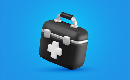 Vector illustration of realistic black color hospital hand bag with cross on blue background. Medical symbol of first aid icon. 3d cartoon style design of medical box with white cross for hospital banner, web, posterのイラスト素材