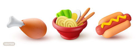 Vector set of illustration of realistic fast food. Fried chicken leg. Hot dog with mustard sauce. Asian meal with noodles and egg in bowl. 3d cartoon style design. Meat meal of fast food restaurant for web, site, banner, menu, cardのイラスト素材