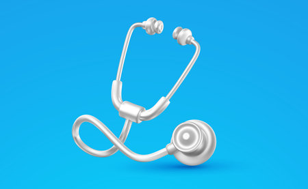 Vector illustration of realistic medical tool on color background. 3d cartoon style design of doctor or nurse stethoscope icon. Medical symbol of stethoscope for heartbeat for hospital banner, web, posterのイラスト素材