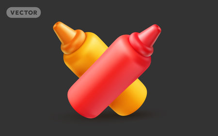 Vector realistic illustration of two crossed bottle of soy sauce on black color background. Delicious fast food sauce. 3d style design of different bottle with ketchup and mustard for banner, icon, menu, poster, web siteのイラスト素材