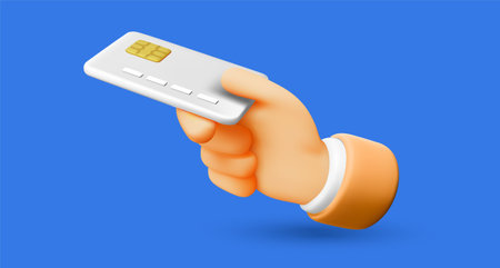 Hand holding credit card for bank payment, contactless finance and online shopping. 3d mesh vector style illustration of male hand holding plastic credit card. Money transfer, finance and business concept design on blue backgroundのイラスト素材