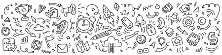 Business strategy and marketing line art pattern. Hand drawn vector illustration with rocket, money, trophy, target and office icons for corporate background or success and management conceptのイラスト素材