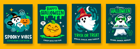 Happy Halloween flat posters set, vector spooky collection with party DJ ghost in headphones at mixer and scary jack o lantern in green neon toxic ooze, ghost in witch hat and pumpkin speech bubble for holiday decor